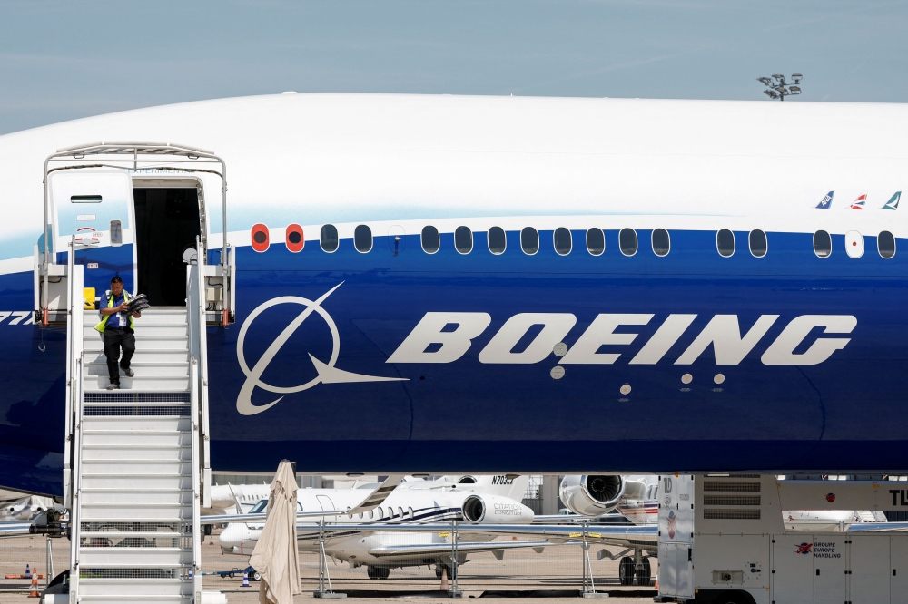A Boeing logo is seen on a 777-9 aircraft on display during the 54th International Paris Airshow at Le Bourget Airport near Paris June 18, 2023. — Reuters pic