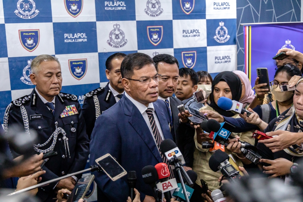 Home Minister Datuk Seri Saifuddin Nasution Ismail speaks during a press conference at the Police Training Centre (Pulapol) in Kuala Lumpur June 22, 2023. — Picture by Firdaus Latif