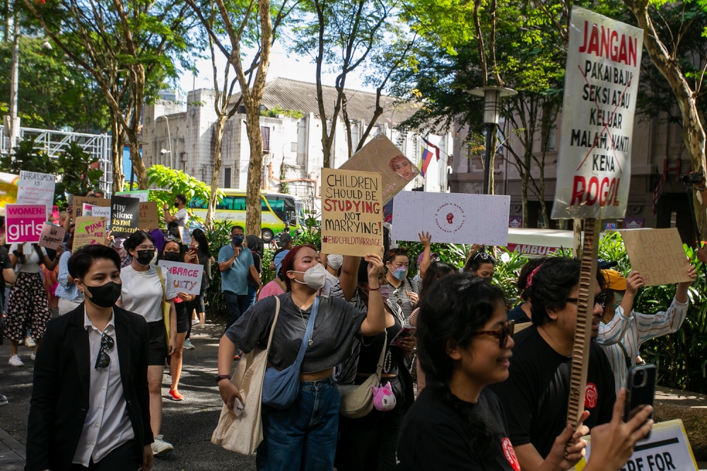 Demonstrators take part in Women’s March Malaysia 2023 in conjunction with International Women’s Day in Kuala Lumpur March 12, 2023. — Picture by Raymond Manuel