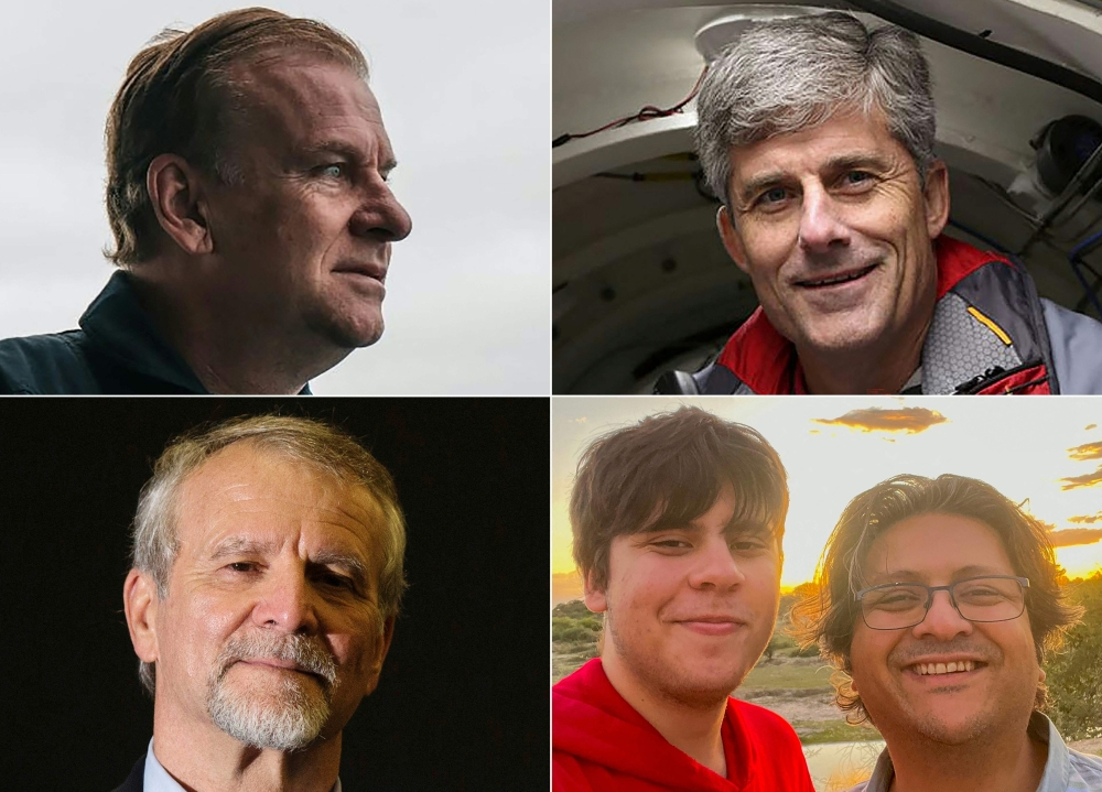 Titan submersible passengers (L-R, top to bottom) Hamish Harding, Stockton Rush, Paul-Henri Nargeolet, and Suleman Dawood and his father Shahzada Dawood. — AFP pic/ Dirty Dozen Productions/ OceanGate Expeditions/ Dawood Hercules Corporation