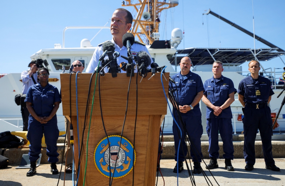 Rear Admiral John Mauger, the First Coast Guard District commander, speaks during a press conference updating about the search of the missing OceanGate Expeditions submersible, which is carrying five people to explore the wreck of the sunken Titanic, in Boston, Massachusetts June 22, 2023. — Reuters pic