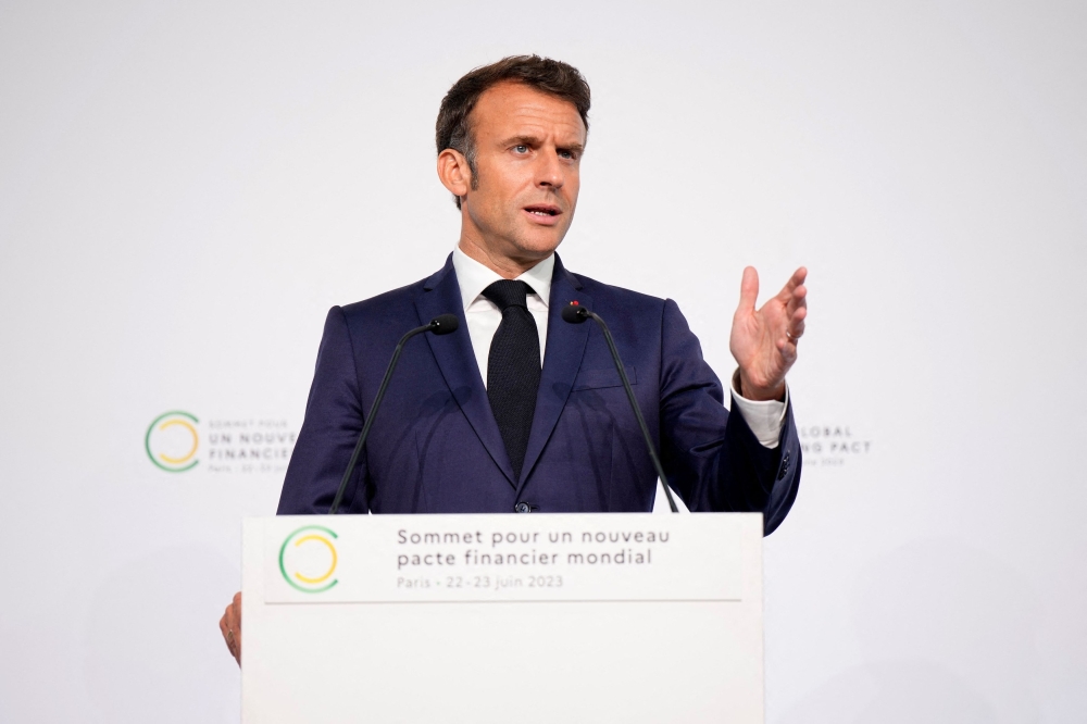French President Emmanuel Macron speaks during a joint press conference with William Ruto, President of Kenya, Kristalina Georgieva, Managing Director of the International Monetary Fund, U.S. Treasury Secretary Janet Yellen and World Bank President Ajay Banga at the end of the New Global Financial Pact Summit in Paris June 23, 2023. — Lewis Joly/Pool via Reuters