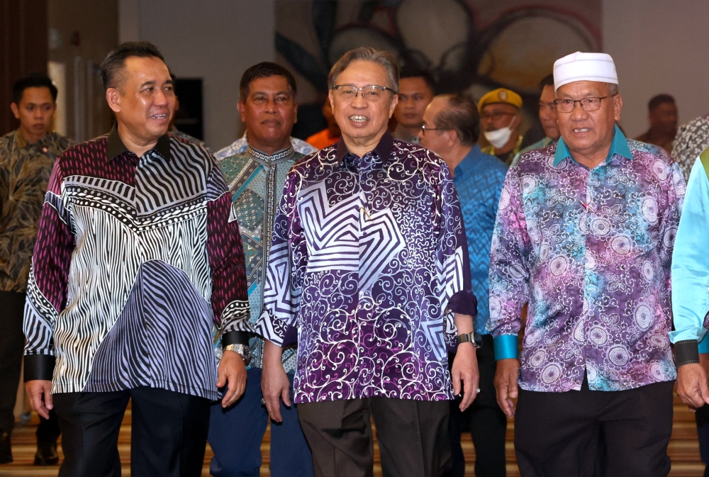 Sarawak Premier Tan Sri Abang Johari Openg attends a dinner held in conjunction with the annual general meeting of the Sarawak branch of the Malaysian Malay Contractors Association in Kuching, June 23, 2023. — Bernama pic 