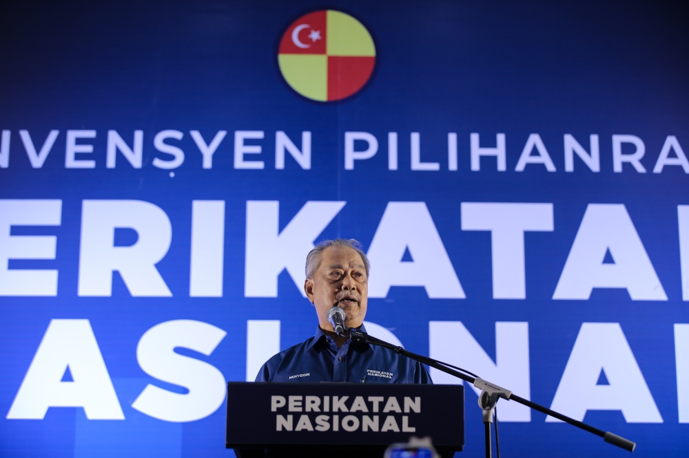 Perikatan Nasional Chairman Tan Sri Muhyiddin Yassin delivers a speech during the Perikatan Nasional Election Convention and Selangor machinery at IDCC Shah Alam June 23, 2023. — Picture by Ahmad Zamzahuri