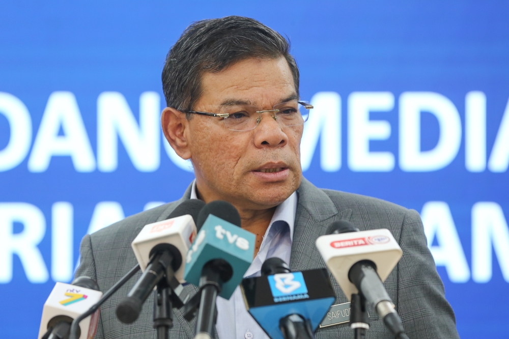 File photo of Datuk Seri Saifuddin Nasution Ismail speaks during a press conference in Putrajaya June 16, 2023. — Picture by Yusof Mat Isa
