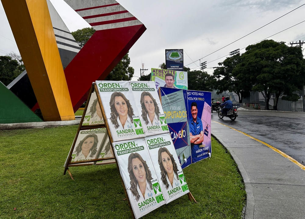 A view of posters of presidential candidate of the National Unity of Hope (UNE) party Sandra Torres at a roundabout, ahead of the first round of the general election in Guatemala City, Guatemala June 23, 2023. — Reuters pic