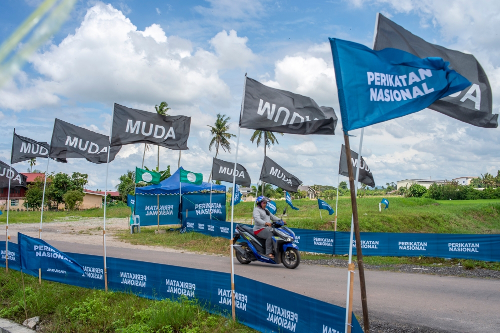 Muda and Perikatan Nasional flags are seen during the 15th general election in Kepala Batas, Penang on November 10, 2022. — Picture by Shafwan Zaidon