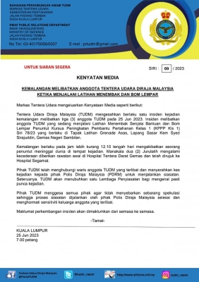 RMAF personnel and trainer die, one injured during weapons training - Vimarsana News