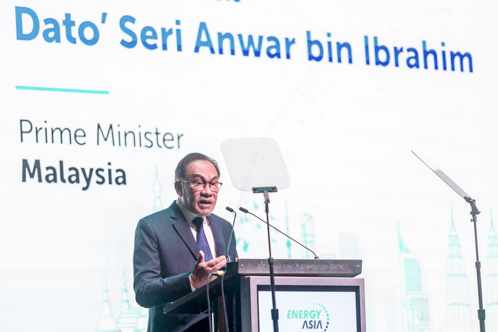 Prime Minister Datuk Seri Anwar Ibrahim delivers a speech during the launch of the Energy Asia 2023 conference at the Kuala Lumpur Convention Centre in Kuala Lumpur June 26, 2023. — Picture by Firdaus Latif