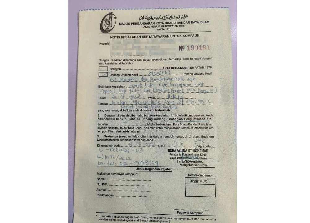 Yesterday, ‘New Straits Times’ reported that the council’s enforcement officers issued the fine to the woman who operates a clothing business, during an inspection at the outlet. — Screen capture of the compound notice via Twitter/SitiKasim