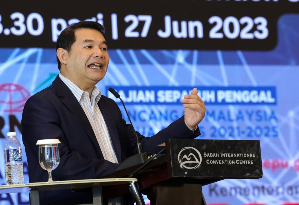 Economy Minister Rafizi Ramli speaks at the 12th Malaysia Plan mid-term review engagement session with the Sabah government in Kota Kinabalu, June 27, 2023. — Bernama pic 