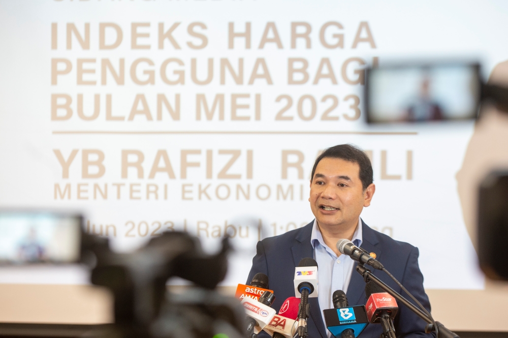 Economy Minister Rafizi Ramli speaks to during a press conference on May's consumer price index (CPI) held at Menara Prisma in Putrajaya June 28, 2023. — Picture by Shafwan Zaidon