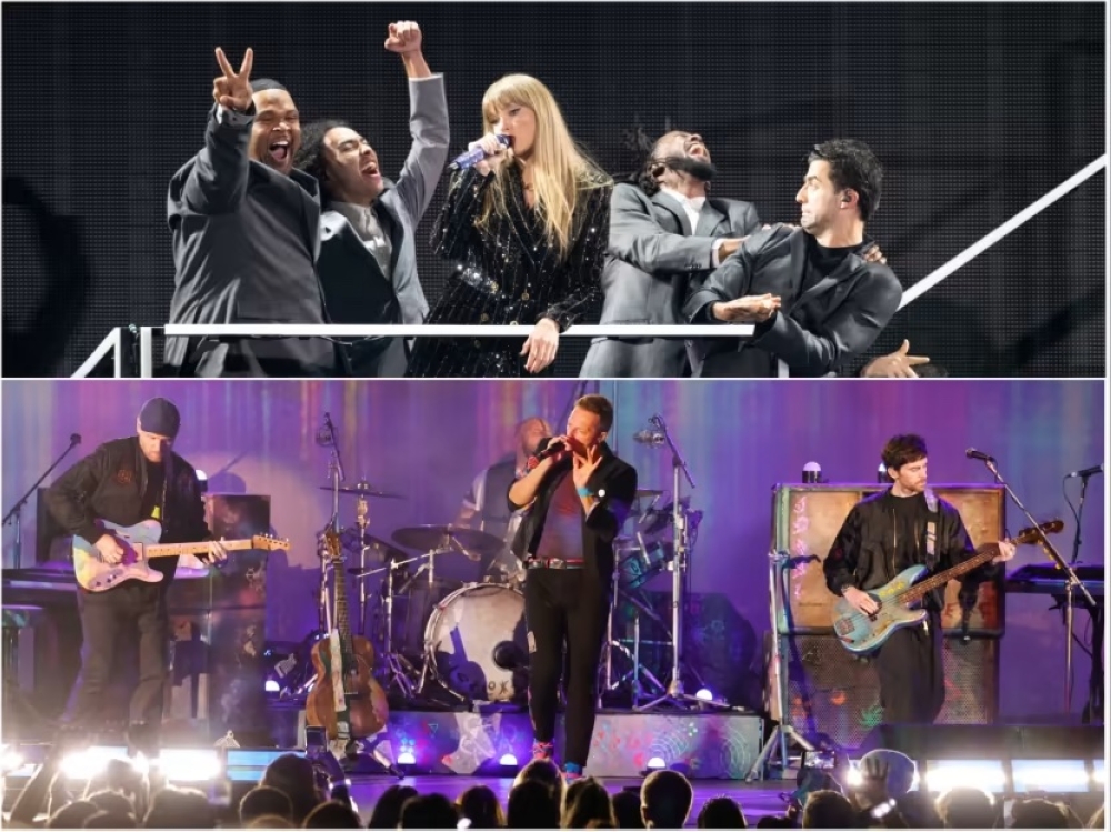American singer-songwriter Taylor Swift (top, with dancers) and British band Coldplay (bottom) are scheduled to perform at the Singapore Sports Hub. — AFP pix