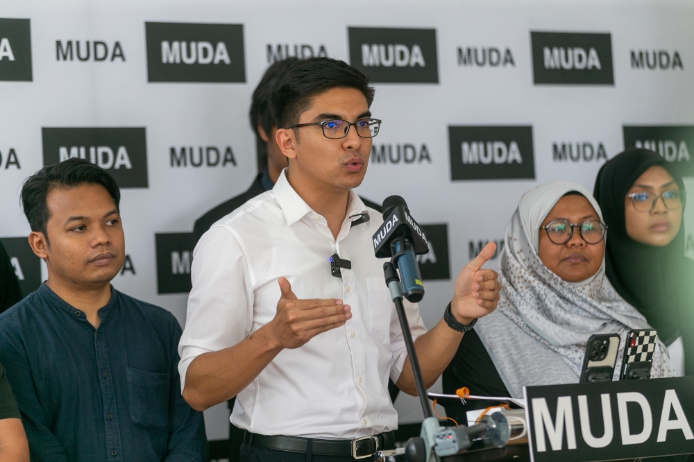 Muda president Syed Saddiq Abdul Rahman speaks during a press conference at Bilik Gerakan Muda in Petaling Jaya, July 4, 2023. — Picture by Raymond Manuel