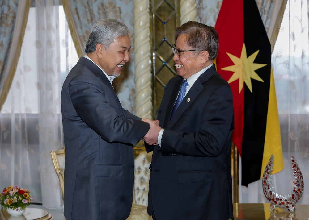 Deputy Prime Minister Datuk Seri Ahmad Zahid Hamidi pays a courtesy call on Sarawak Premier Tan Sri Abang Johari Openg at Wisma Bapa Malaysia in Petra Jaya, July 3, 2023. — Bernama pic 