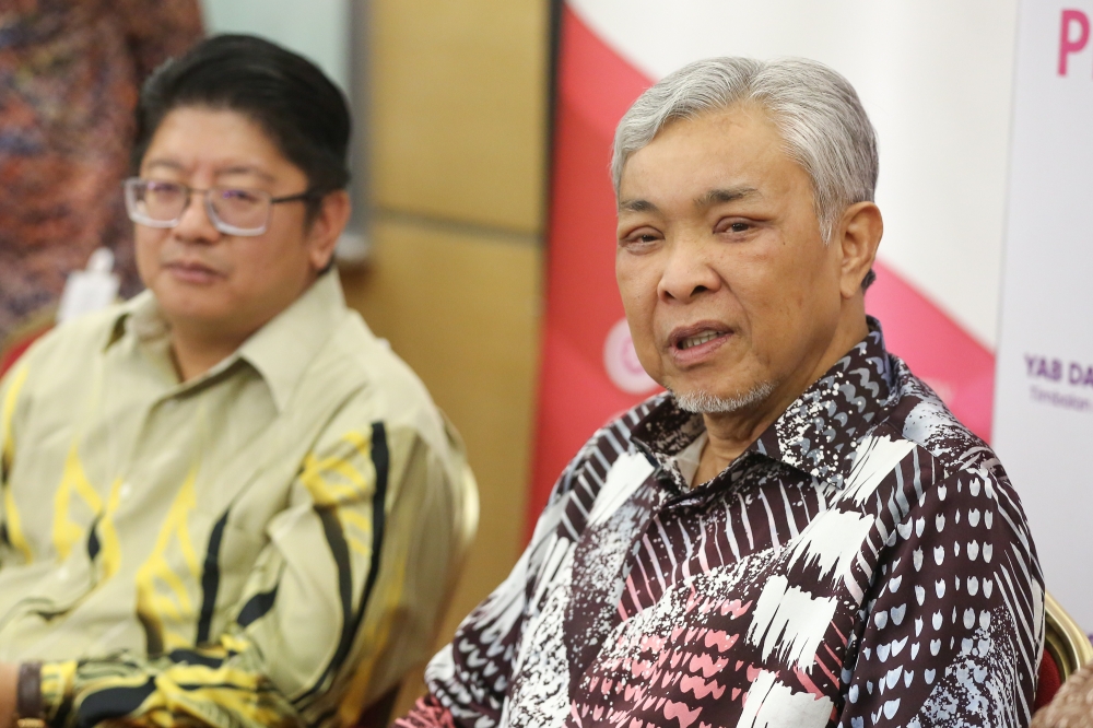 Deputy Prime Minister Datuk Seri Ahmad Zahid Hamidi speaks during a press conference at the launch of the Formalising the Informal Entrepreneurs Plan ceremony at World Trade Centre in Kuala Lumpur July 6, 2023. — Picture by Yusof Mat Isa
