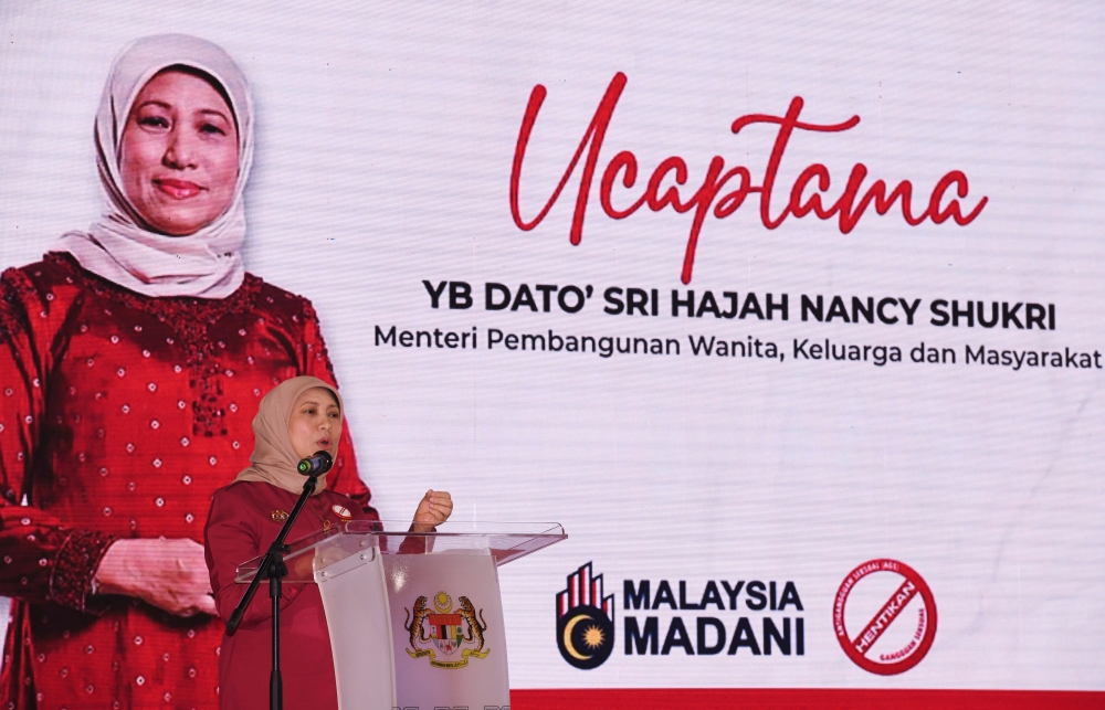 Minister of Women, Family and Community Development Datuk Seri Nancy Shukri speaks at the KPWKM@Advocacy Anti-Sexual Harassment Program of Love in Kepala Batas, July 6, 2023. — Bernama pic 