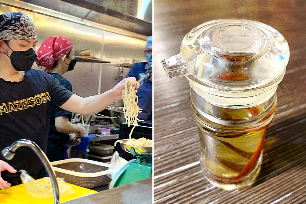 Measuring the correct amount of noodles (left). Homemade kelp vinegar (right).