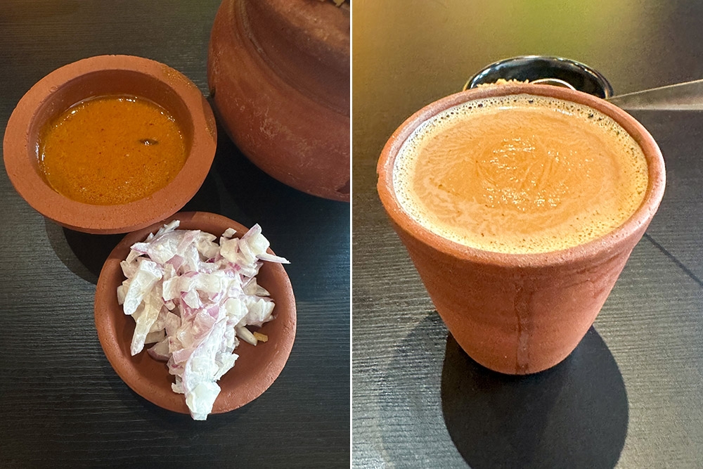 Gandingkan 'biryani' dengan 'raita' yang menyegarkan dan kari wangi (kiri).  Tamatkan hidangan dengan secawan teh Masala menggunakan susu lembu segar (kanan).