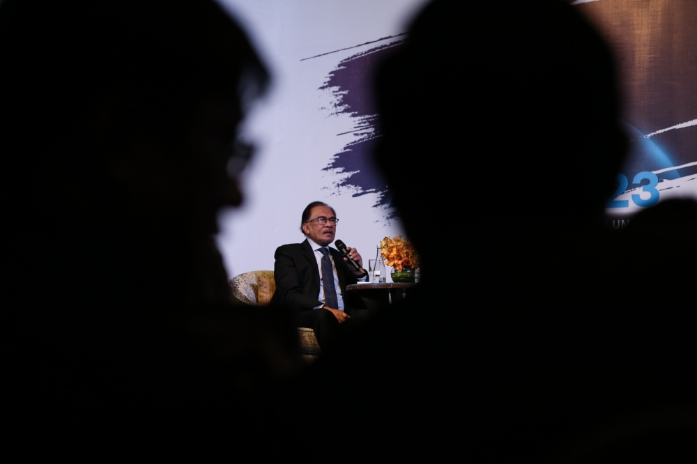 Prime Minister Datuk Seri Anwar Ibrahim speaks during the International Malaysia Law Conference 2023 in Kuala Lumpur July 10, 2023. — Picture by Ahmad Zamzahuri