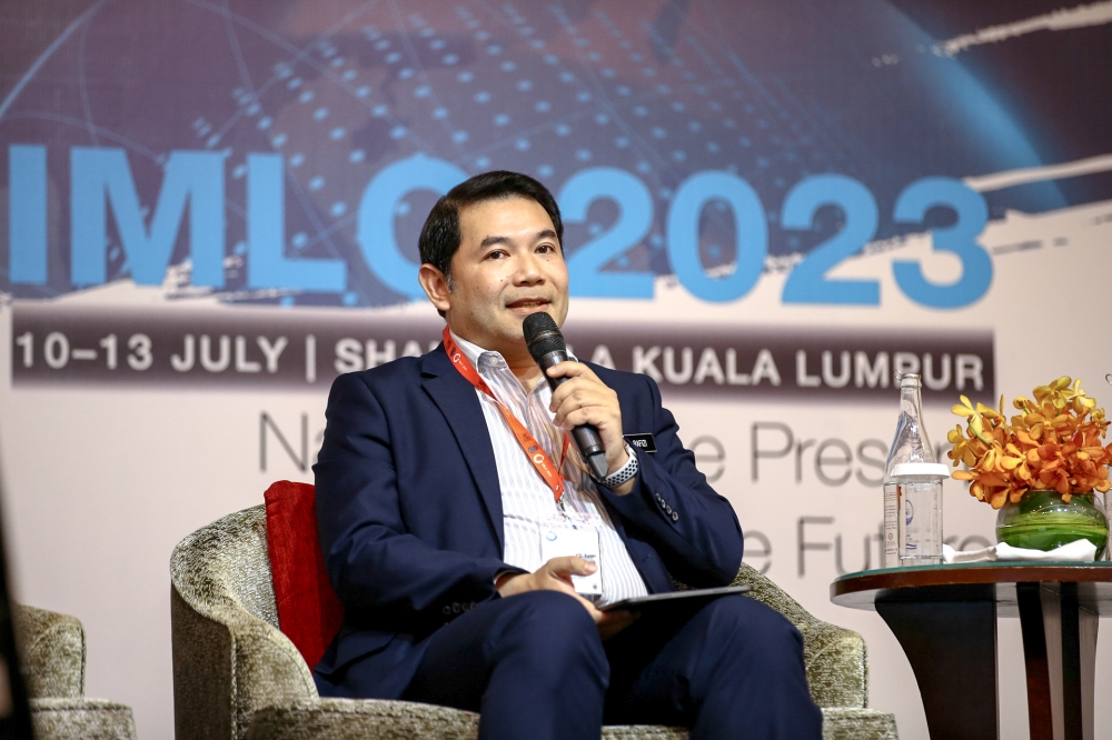 Economy Minister Rafizi Ramli speaks during the International Malaysia Law Conference at Shangri-La Kuala Lumpur July 11, 2023. — Picture by Ahmad Zamzahuri
