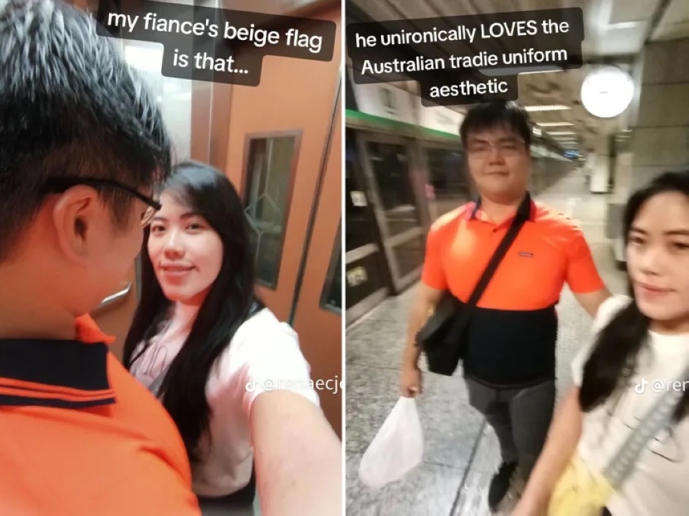 Photos from a TikTok post by Ms Renae Cheng showing her fiancé's obsession with Australia's high-visibility uniform. — TikTok screenshots via TODAY