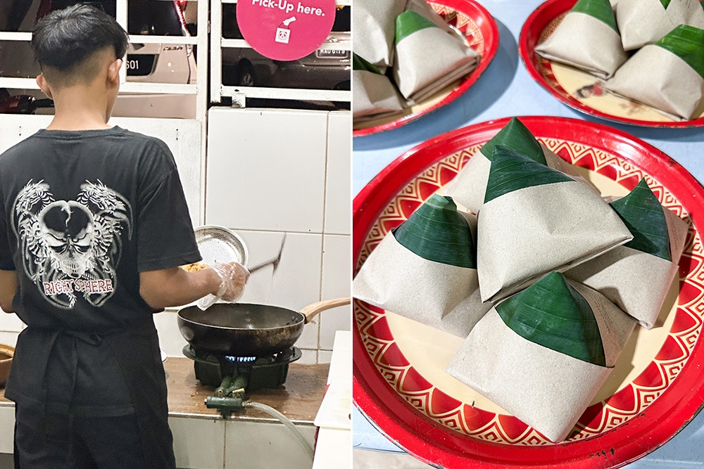 Your 'telur sarang' is cooked 'a la minute' on the stove so be patient (left). Grab the 'nasi lemak bungkus' to supplement your meal here (right).