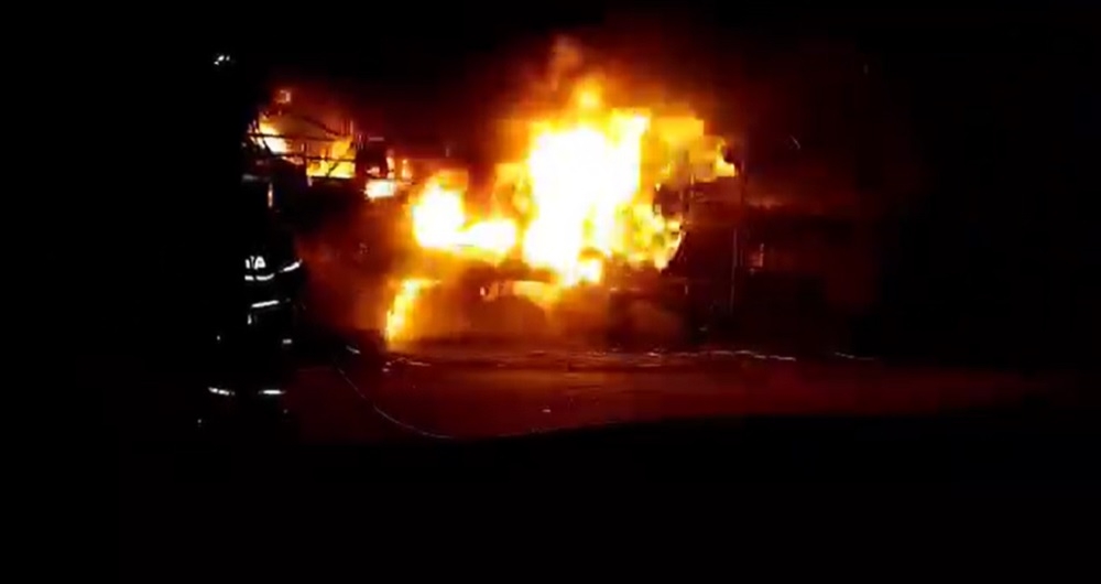 An express bus carrying 42 passengers was completely destroyed when it caught fire at KM52.5 of the Kuala Lumpur-Karak Expressway near Hutan Lipur Lentang, Bentong yesterday. — Video screencap from Facebook/Bomba & Penyelamat Negeri Pahang