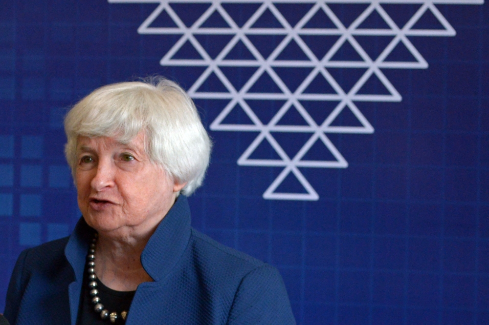 US Treasury Secretary Janet Yellen addresses media representatives after interacting with students at a school on the sidelines of a G20 finance ministers' summit in Gandhinagar July 16, 2023. — AFP pic
