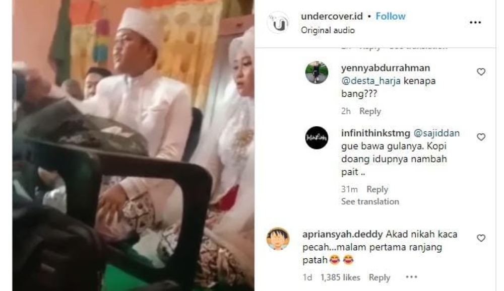 During akad nikah ceremony, a groom in Indonesia accidentally breaks table glass. — Screen capture from Instagram/ undercover.id
