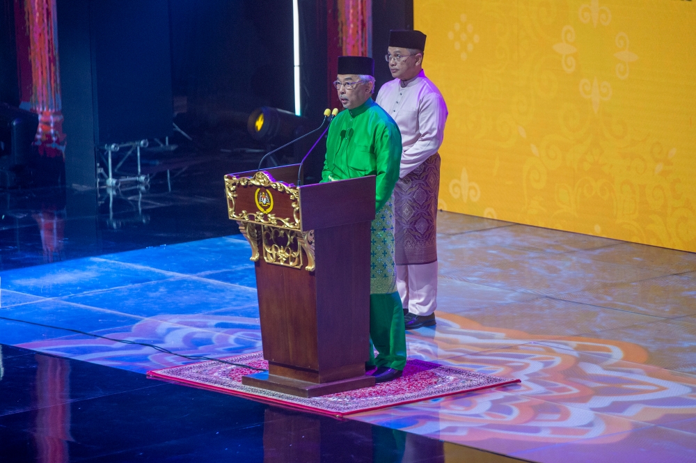 Yang di-Pertuan Agong Al-Sultan Abdullah Ri'ayatuddin Al-Mustafa Billah Shah speaks during the national-level 1445H/2023 Maal Hijrah celebration in Kuala Lumpur July 19, 2023. ― Picture by Shafwan Zaidon
