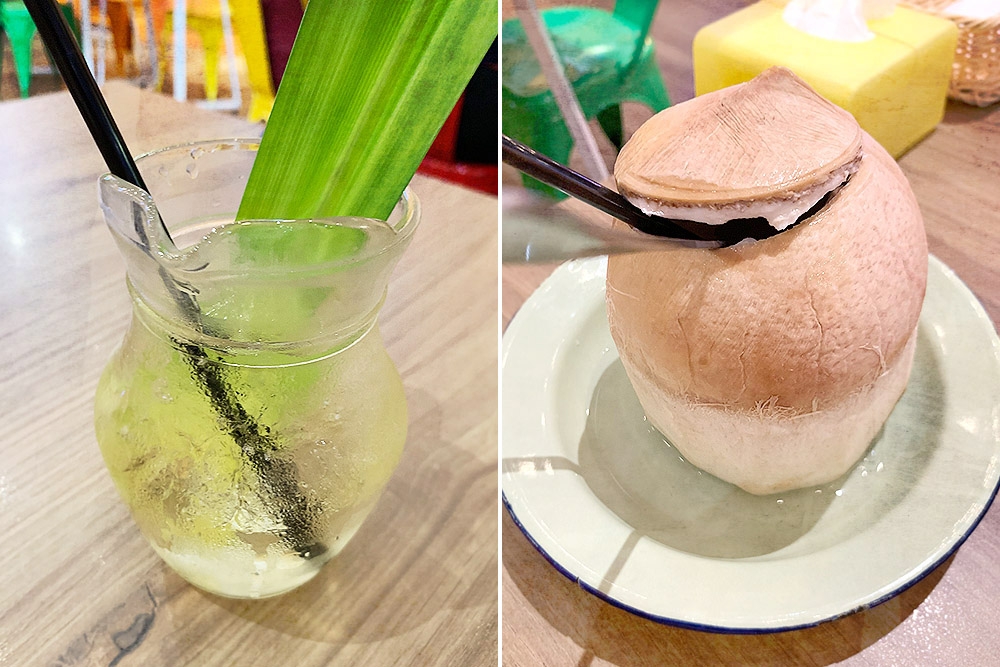 Pandan juice (left) and fresh coconut (right).