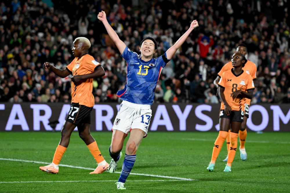 Japan’s midfielder #13 Jun Endo (centre) celebrates scoring the team’s fourth goal during the Australia and New Zealand 2023 Women’s World Cup Group C football match between Zambia and Japan at Waikato Stadium in Hamilton on July 22, 2023. ― AFP pic