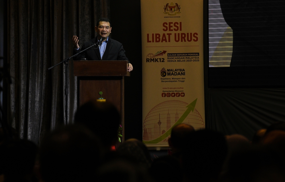 Economy Minister Rafizi Ramli speaks during the mid-term review engagement session of the 12th Malaysia Plan in George Town July 22, 2023. — Bernama pic