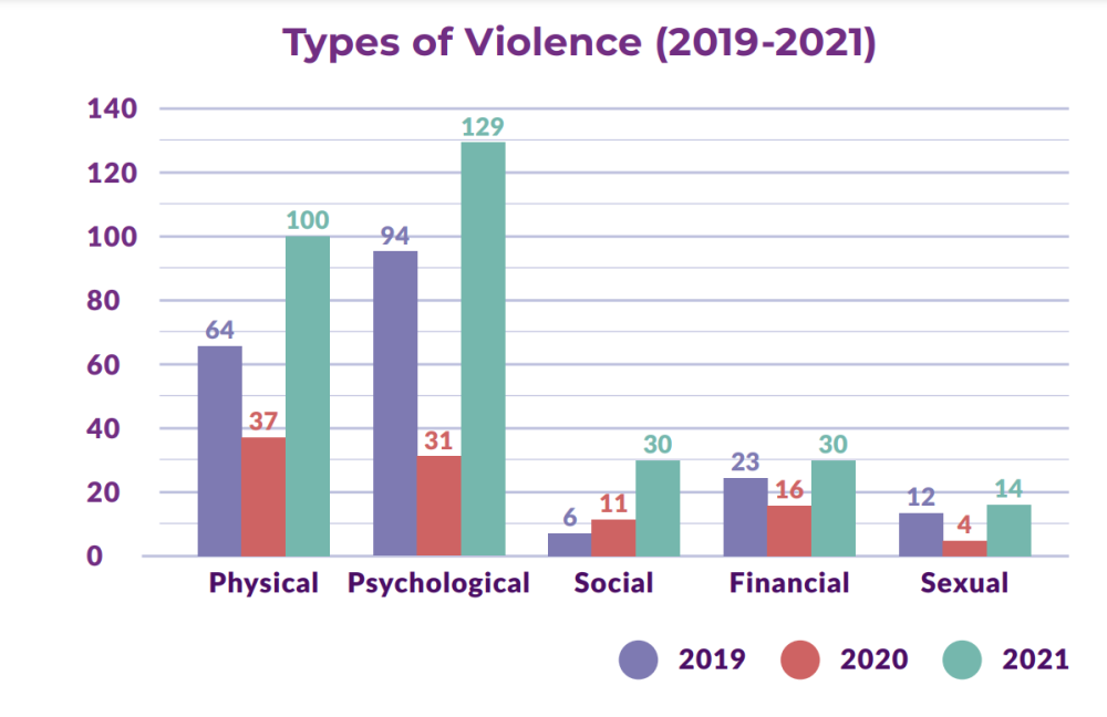 The domestic violence cases were broken down into five different types of abuses: physical, psychological, social, financial and sexual abuse. —  Screengrab from Telenisa 2021 report