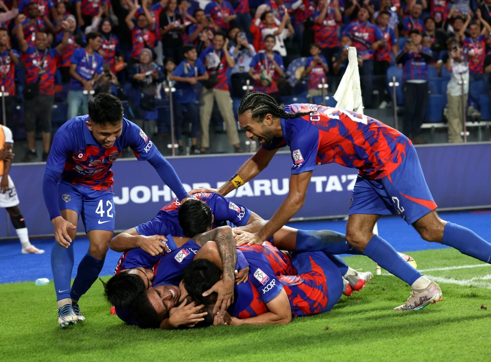 JDT’s Nathaniel Shio Hong Wan celebrates his goal against Kuala Lumpur City FC with his teammates during the FA Cup 2023 at the Sultan Ibrahim Stadium in Iskandar Puteri, July 22, 2023. ― Bernama pic