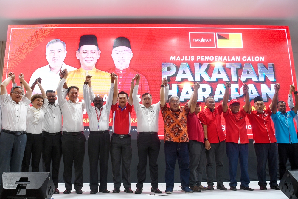 DAP secretary-general Anthony Loke (seventh from left) and fellow party members at the party’s Negeri Sembilan state election candidate announcement ceremony in Seremban July 23, 2023. — Bernama pic
