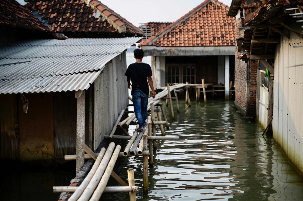 Gambar yang diambil pada 20 Jun 2023 menunjukkan seorang lelaki berjalan di atas jambatan buluh untuk sampai ke sebuah rumah yang ditenggelami air laut di kampung Timbulsloko di Demak.  — Gambar AFP