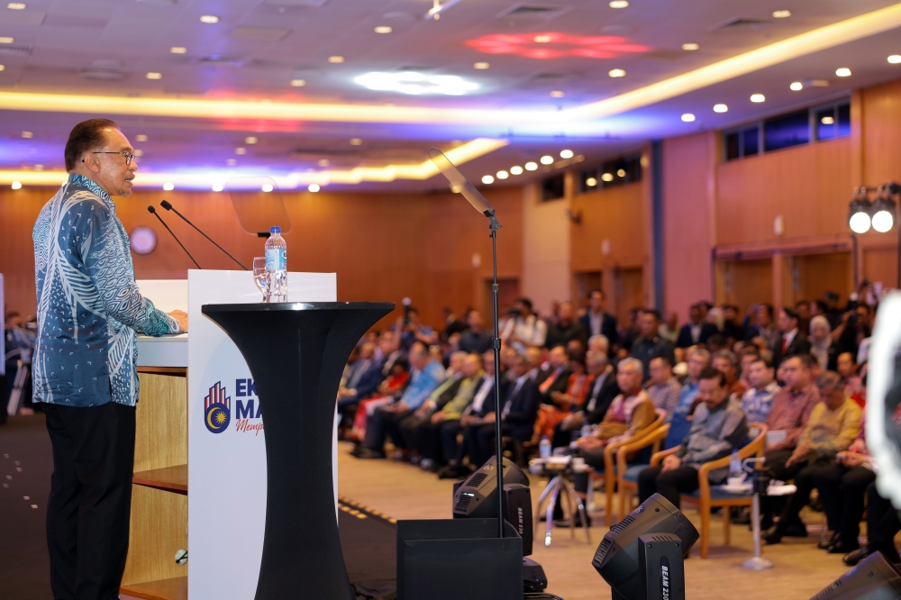 Prime Minister Datuk Seri Anwar Ibrahim speaks at the launch of the Madani Economy: Empowering the People framework in Kuala Lumpur July 27, 2023. ― Bernama pic