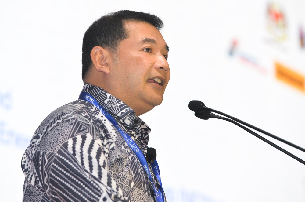 Minister of Economy, Rafizi Ramli speaks at the launch of the National Energy Transition Roadmap in Kuala Lumpur July 27,2023. — Picture by Miera Zulyana