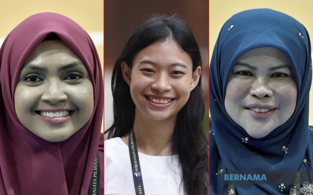 (From left) State election candidates Saiyidah Izzati Nur Razak Maideen, Melanie Ting Yi-Hlin and Datuk Seri Rina Mohd Harun. A total of 71 women candidates will be contesting in the state elections in six states, with a total of 245 seats up for grabs. — Picture via Twitter/Bernama