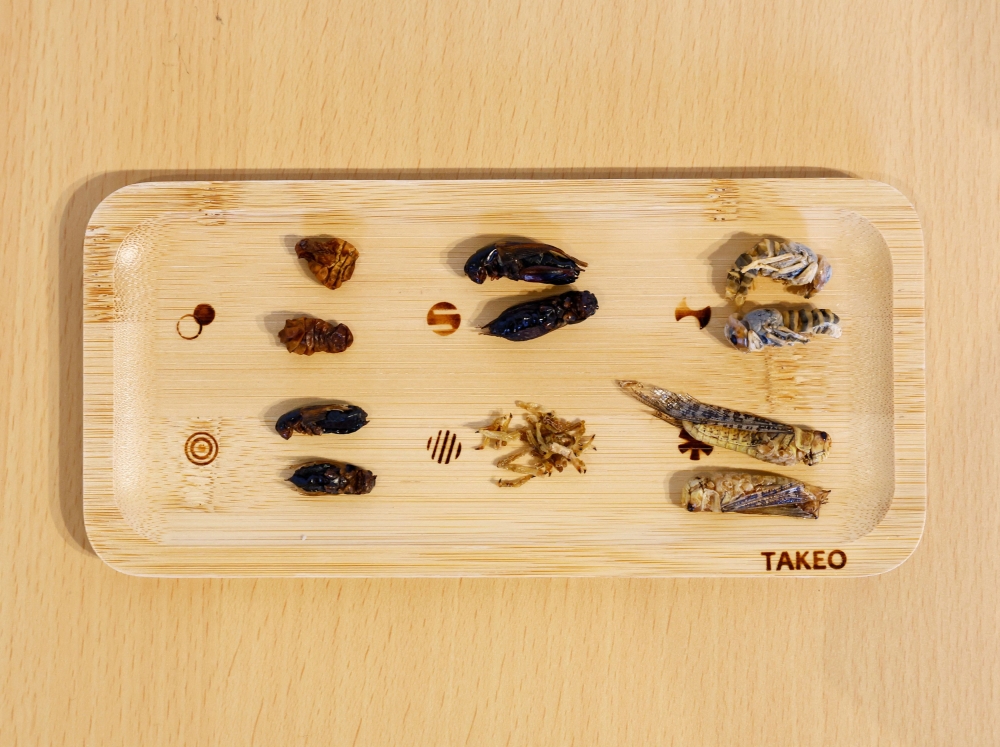 Various insects on a plate are pictured at Take-Noko cafe. — Reuters pic