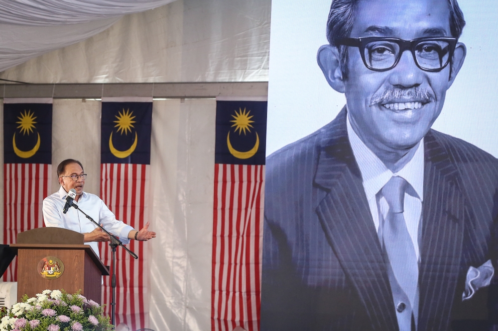 Prime Minister Datuk Seri Anwar Ibrahim speaks during the commemoration ceremony of late statesman Tun Dr Ismail Abdul Rahman at Dataran Merdeka in Kuala Lumpur, August 2, 2023. — Picture by Yusof Mat Isa