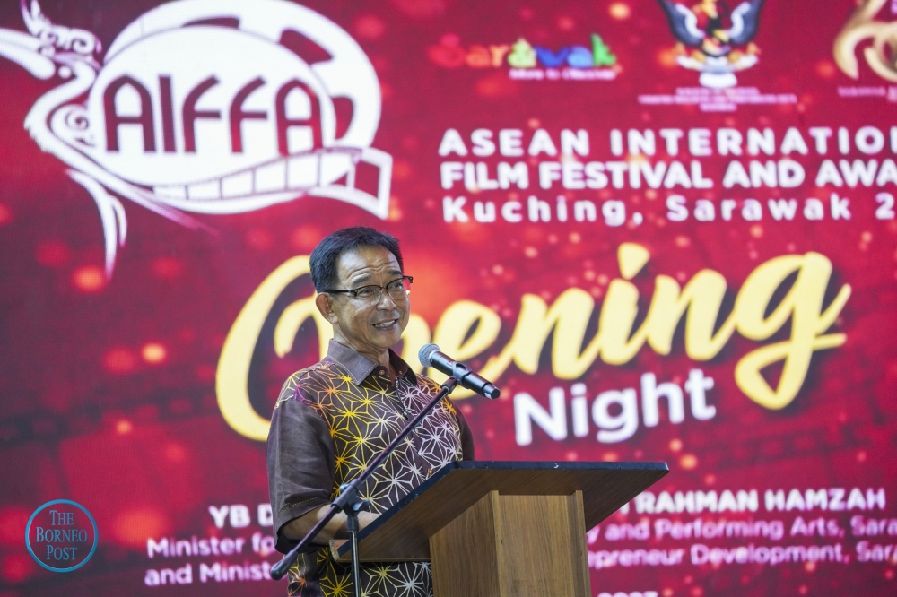 Abdul Karim speaks during the welcoming dinner for the sixth edition of AIFFA at Old Court House in Kuching. ― Picture by Chimon Upon via Borneo Post