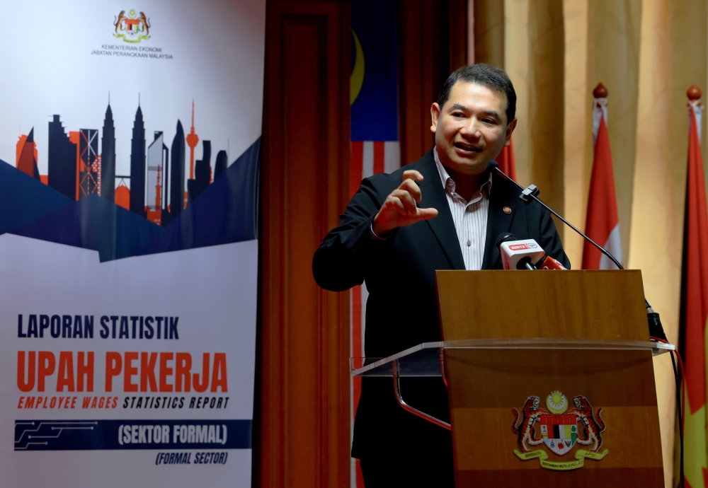 Economy Ministry Rafizi Ramli speaks at the launch of the Employee Wages Statistics (Formal Sector) Report for the first quarter of 2023 in Putrajaya, August 4, 2023. — Bernama pic   