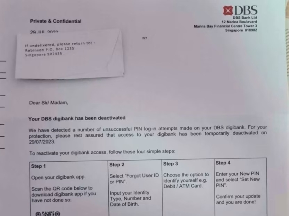 An image of a letter from DBS bank posted on Facebook group Singapore Taxi Driver. ― TODAY pic