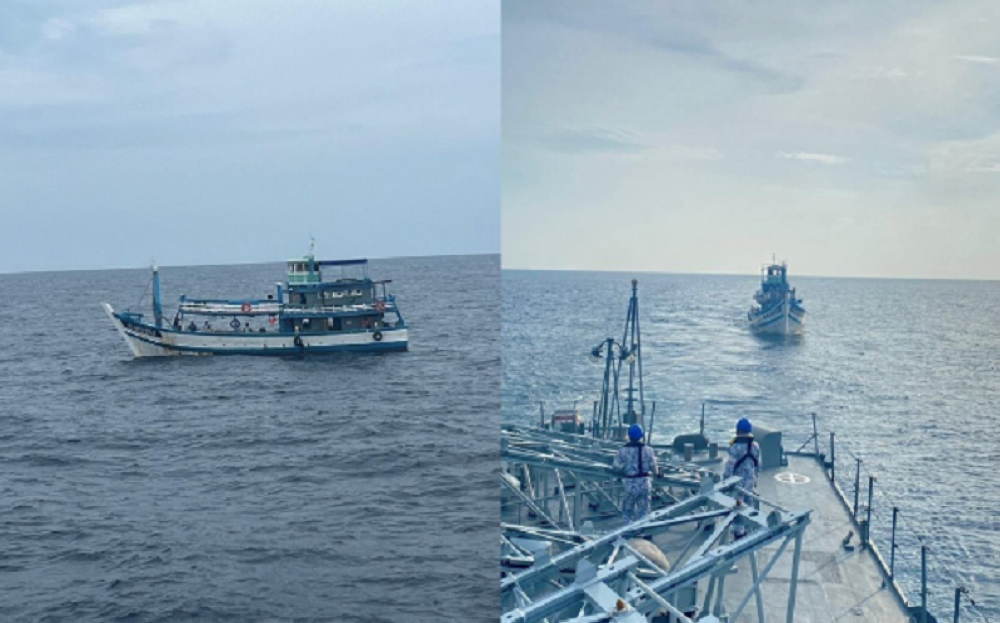 A Royal Malaysian Navyship, KD Laksamana Tun Abdul Jamil, rescued nine anglers whose boat went adrift at sea near Pulau Perak for three days due to engine failure. — Picture courtesy of Royal Malaysian Navy
