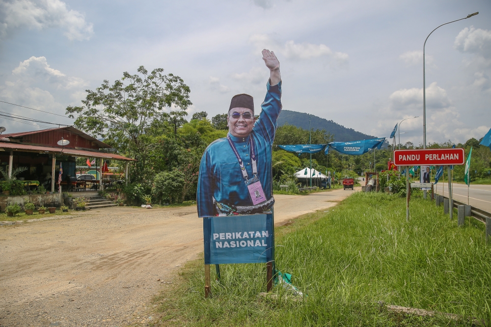 A cutout cardboard figure of caretaker Kedah menteri besar Datuk Muhammad Sanusi Md Nor is pictured at Kampung Sungai Pau in Sik, Kedah August 8, 2023. — Picture by Yusof Mat Isa