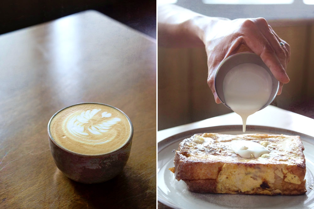Latte art (left). Apom French Toast (right).