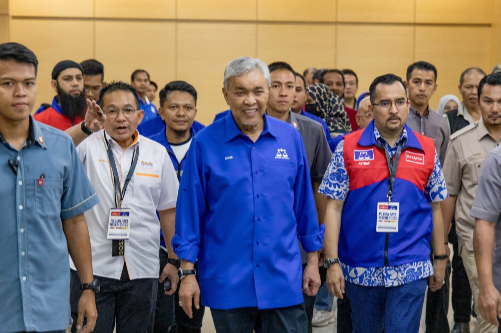 Barisan Nasional chairman Datuk Seri Ahmad Zahid Hamidi arrives at World Trade Centre in Kuala Lumpur, August 12, 2023. — Picture by Firdaus Latif